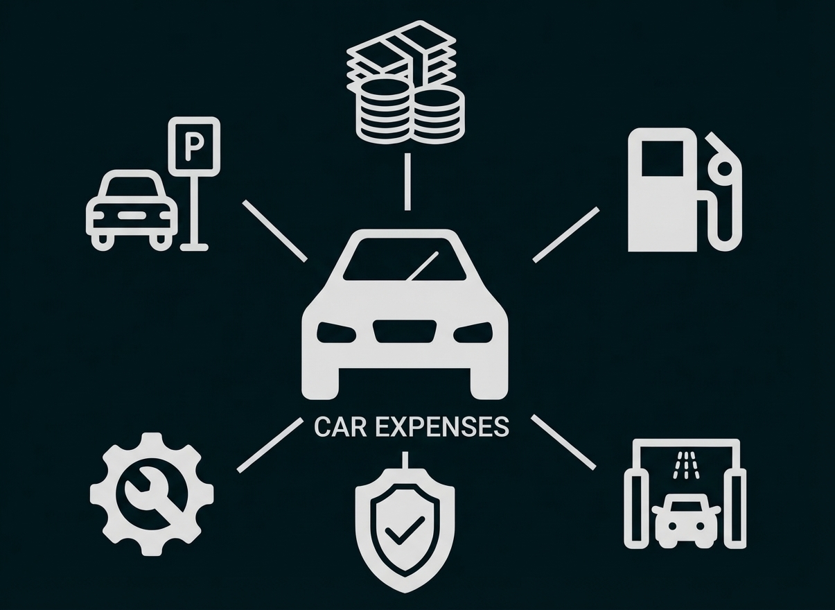 Symbolgrafik: Auto mit Icons für Parken, Kosten, Tanken, Werkstatt, Versicherung und Autowäsche